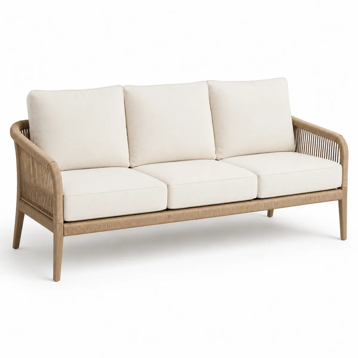 Sofa ogrodowa 3-osobowa kremowa drewno lina tkanina syntetyczna