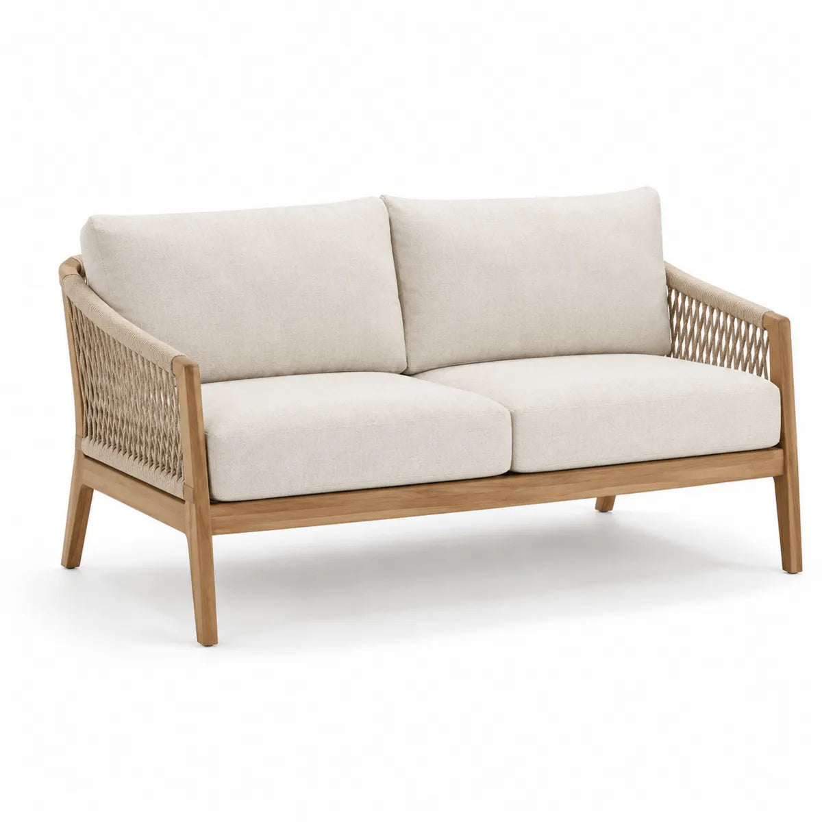 Sofa dwuosobowa z drewna teak i beżowej tkaniny 150 cm