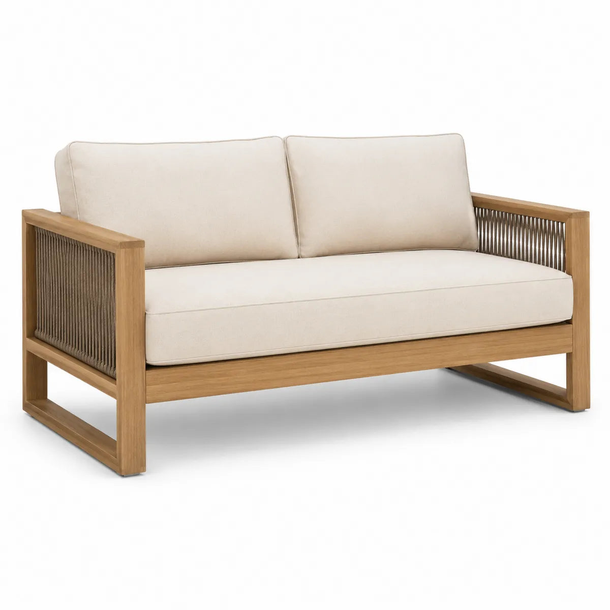 Sofa dwuosobowa z drewna teak z beżowymi poduszkami