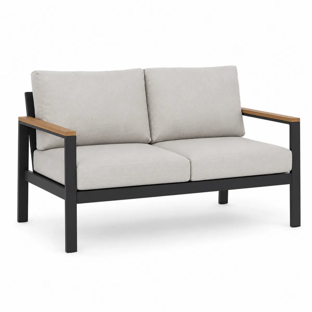 Dwuosobowa sofa metalowa z drewnianymi podłokietnikami i beżową tkaniną