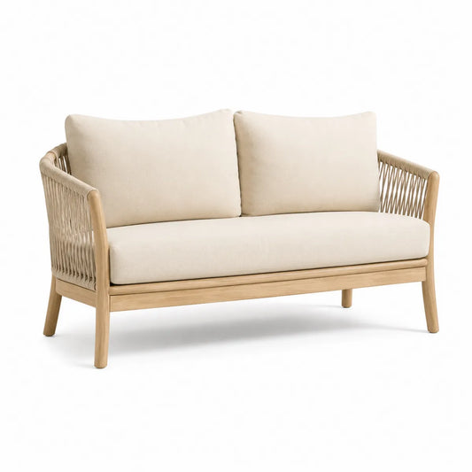 Sofa ogrodowa dwuosobowa drewniana z liną beżowa