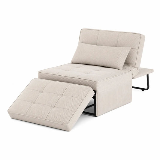 Rozkładana sofa z podnóżkiem z sztruksu beżowa