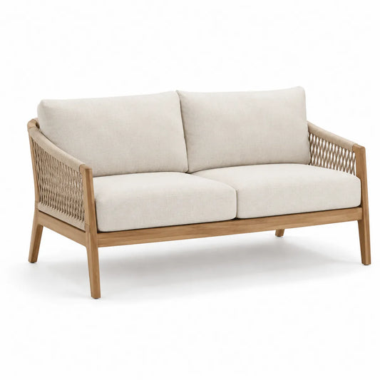 Sofa dwuosobowa z drewna teak i beżowej tkaniny 150 cm