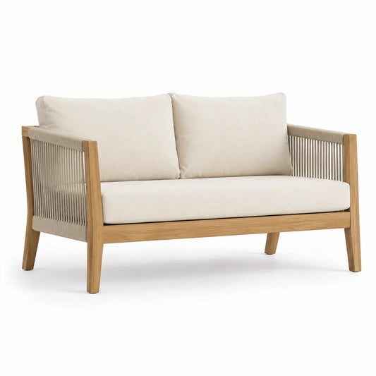 Sofa drewniana beżowa 2-osobowa z teaku