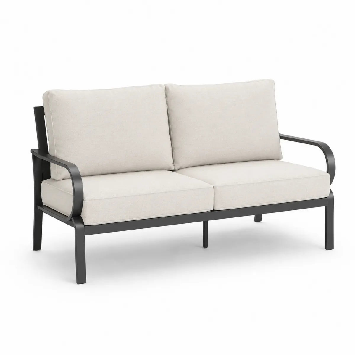 Sofa ogrodowa dwuosobowa z metalowym stelażem i kremowymi poduszkami