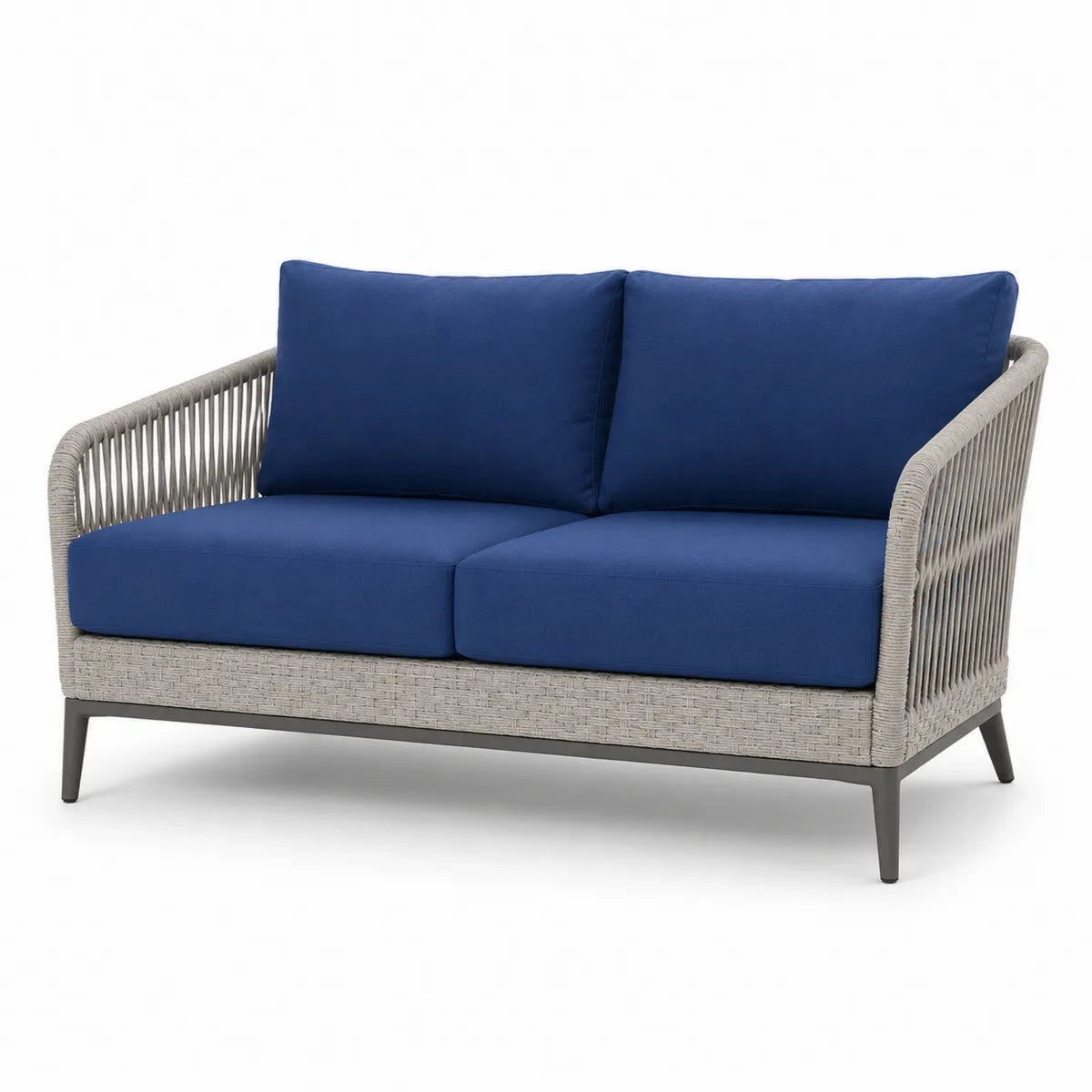 Sofa dwuosobowa z technorattanu niebieska z poduszkami piankowymi