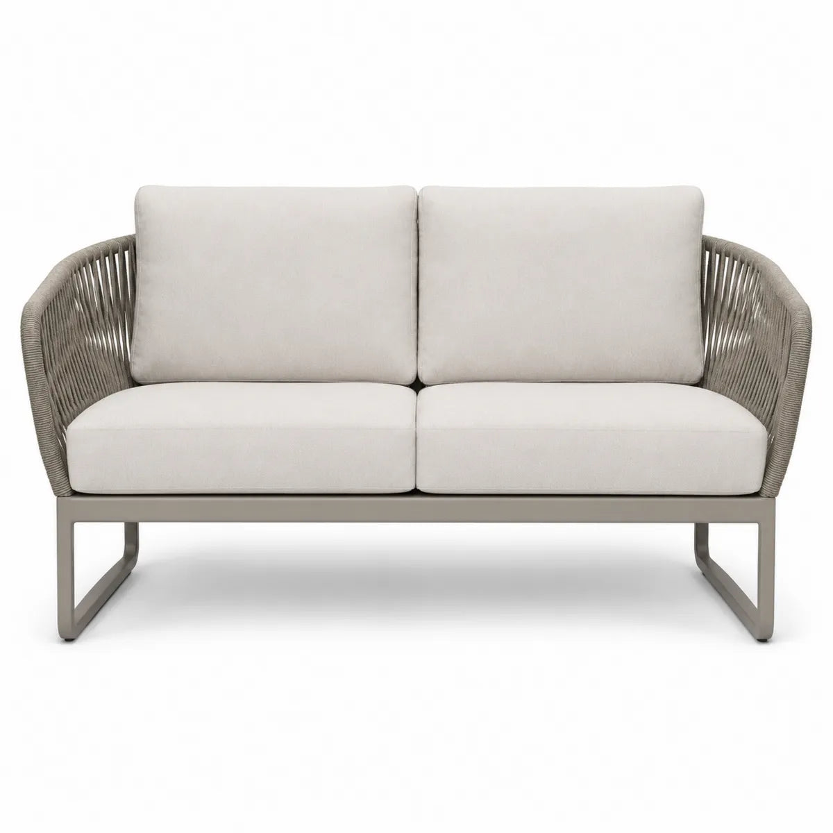 Sofa zewnętrzna 2-osobowa aluminiowa z poduszkami z poliestru i syntetycznego sznura beżowa
