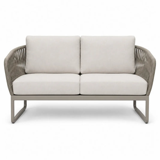 Sofa zewnętrzna 2-osobowa aluminiowa z poduszkami z poliestru i syntetycznego sznura beżowa