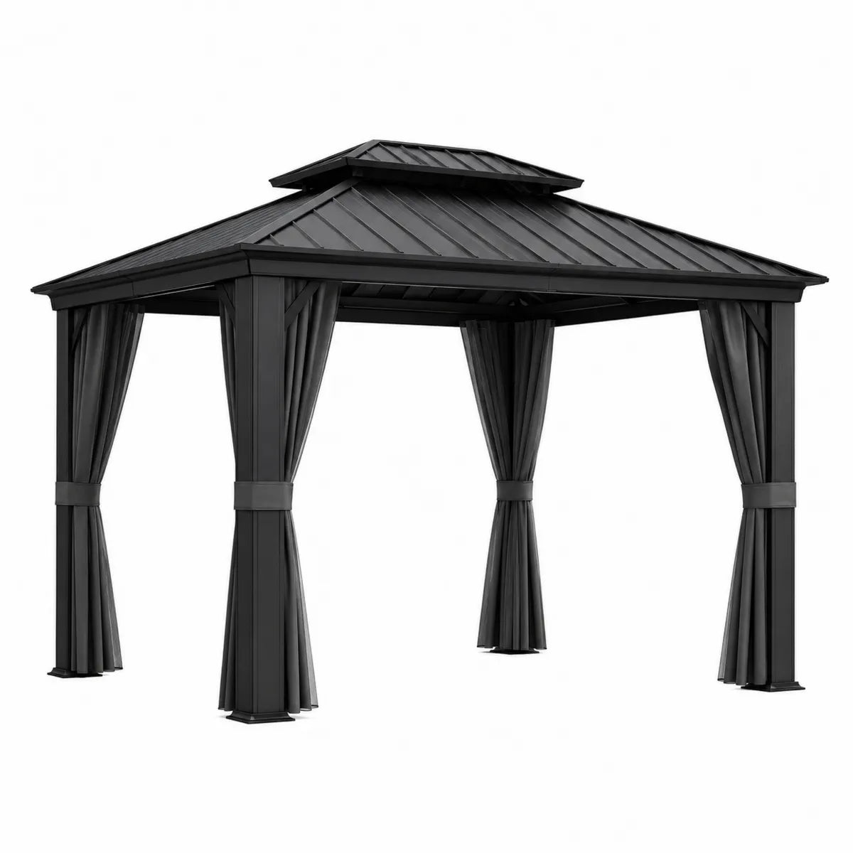 Altana ogrodowa stalowa z aluminiowym dachem i zasłonami czarna, 3x4m