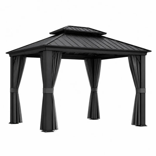Altana ogrodowa stalowa z aluminiowym dachem i zasłonami czarna, 3x4m