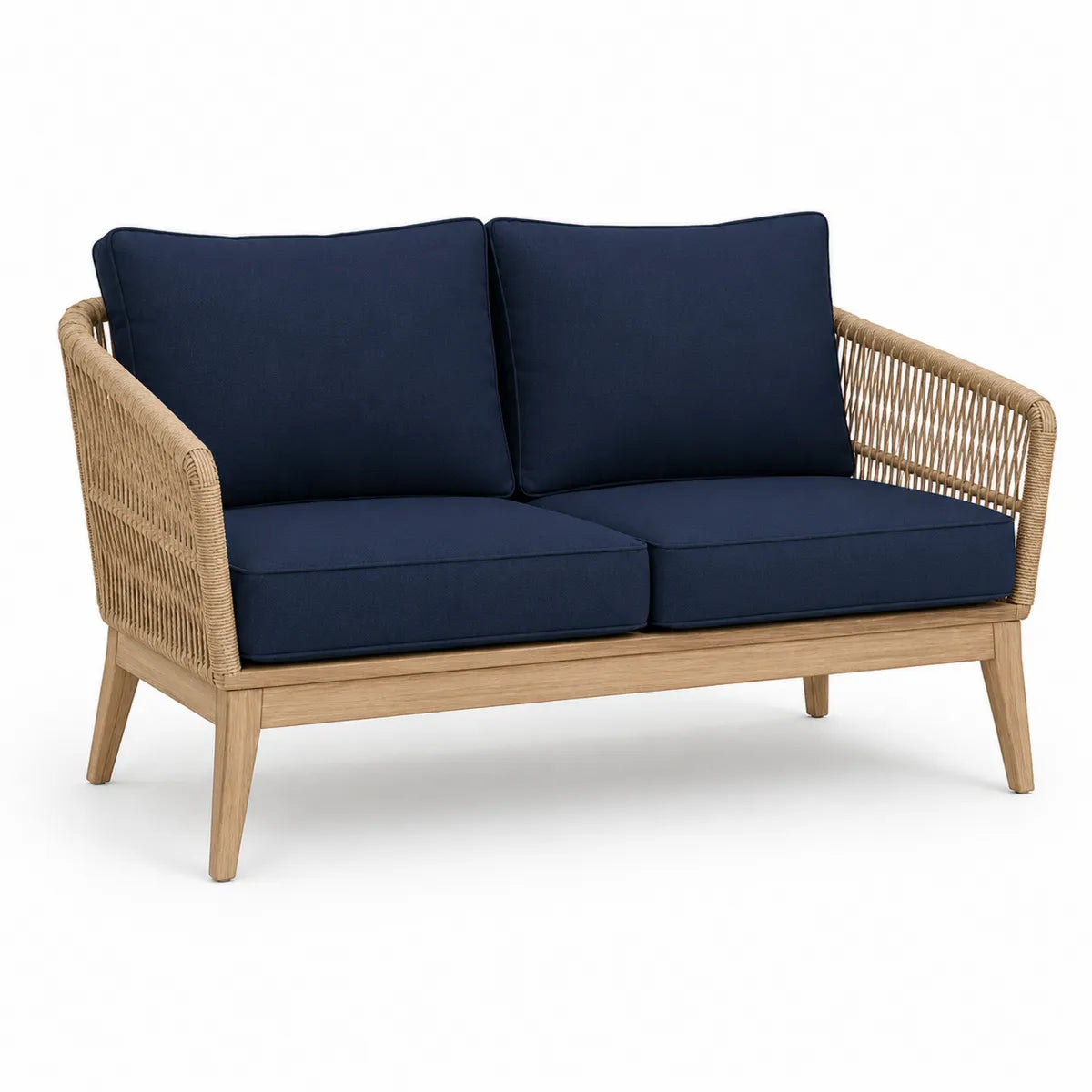 Dwuosobowa sofa drewniana z granatowym obiciem i technorattanowymi bokami