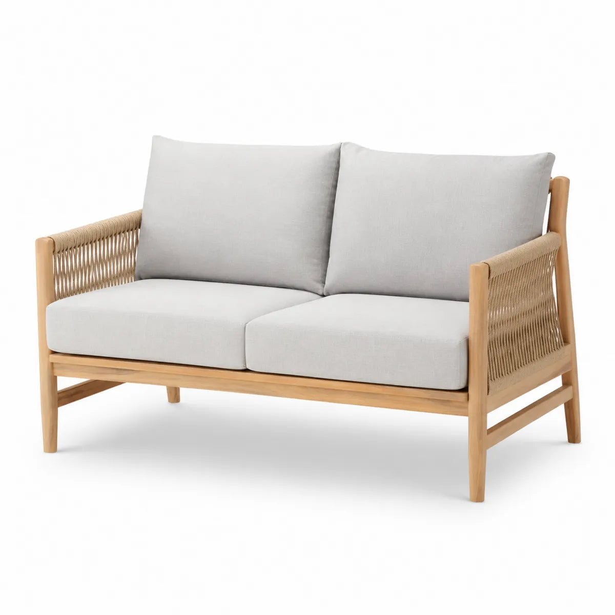 Sofa dwuosobowa z drewna tekowego z szarym lnianym siedziskiem