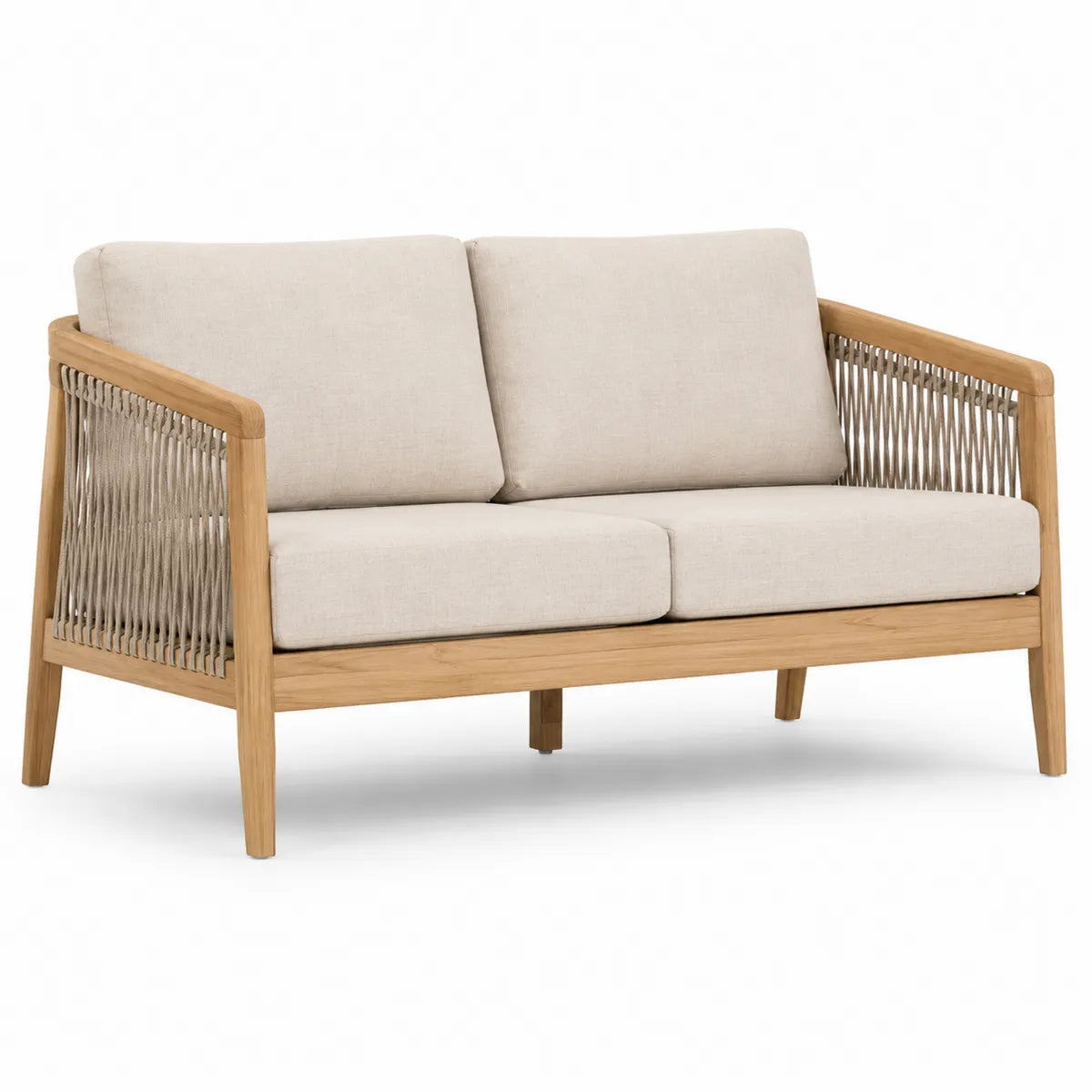 Sofa ogrodowa dwuosobowa z drewna tekowego z beżowym poliestrem 130 cm