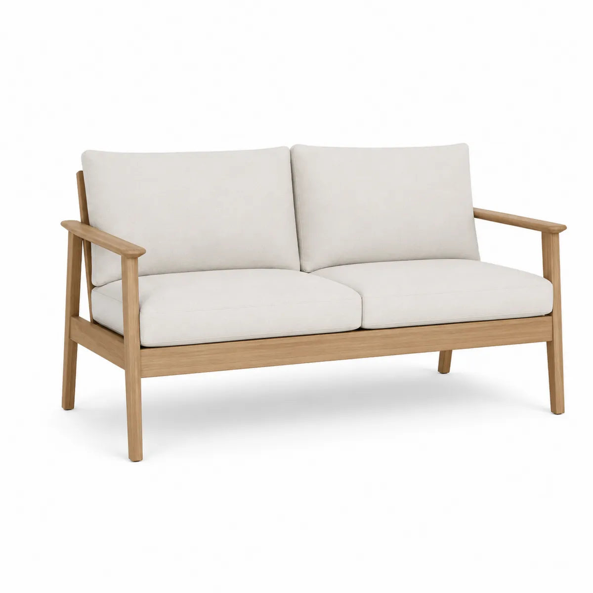 Dwuosobowa sofa z drewna tekowego z beżowymi poduszkami