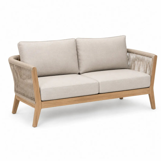 Dwuosobowa sofa ogrodowa z tkaniną lnianą i drewnem tekowym