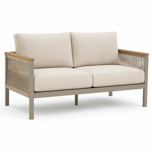 Sofa ogrodowa 2-osobowa z poduszkami poliestrowymi beżowa aluminium drewno