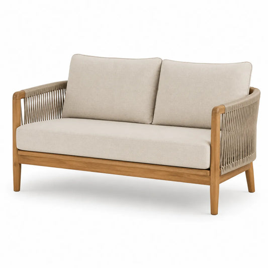 Sofa ogrodowa dwuosobowa beżowa drewno tekowe sznurek