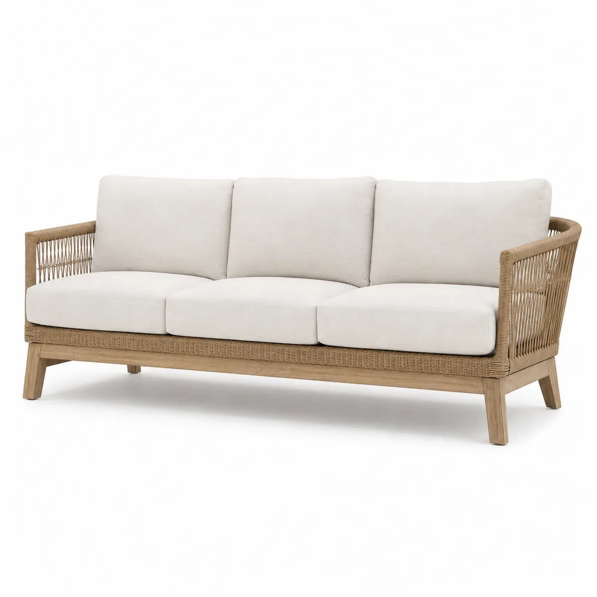Sofa ogrodowa 3-osobowa z drewna tekowego i plecionki w kolorze beżowym