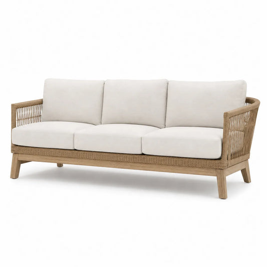 Sofa ogrodowa 3-osobowa z drewna tekowego i plecionki w kolorze beżowym