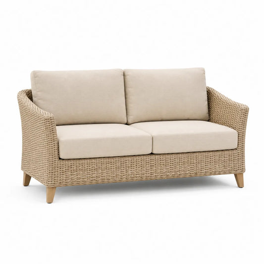 Sofa z technorattanu 3-osobowa beżowa z poduszkami