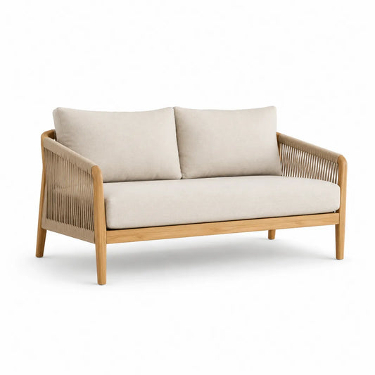 Dwuosobowa sofa z drewna tekowego i liny, beżowa, 130x75x80 cm