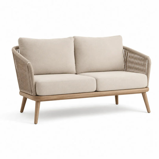 Sofa z drewna dwuosobowa z plecionki jasnobeżowa 150 cm