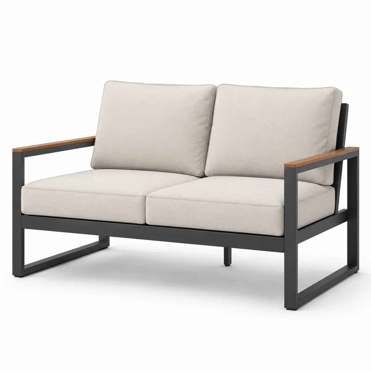 Dwuosobowa sofa z aluminium i drewna tekowego z poduszkami beżowa