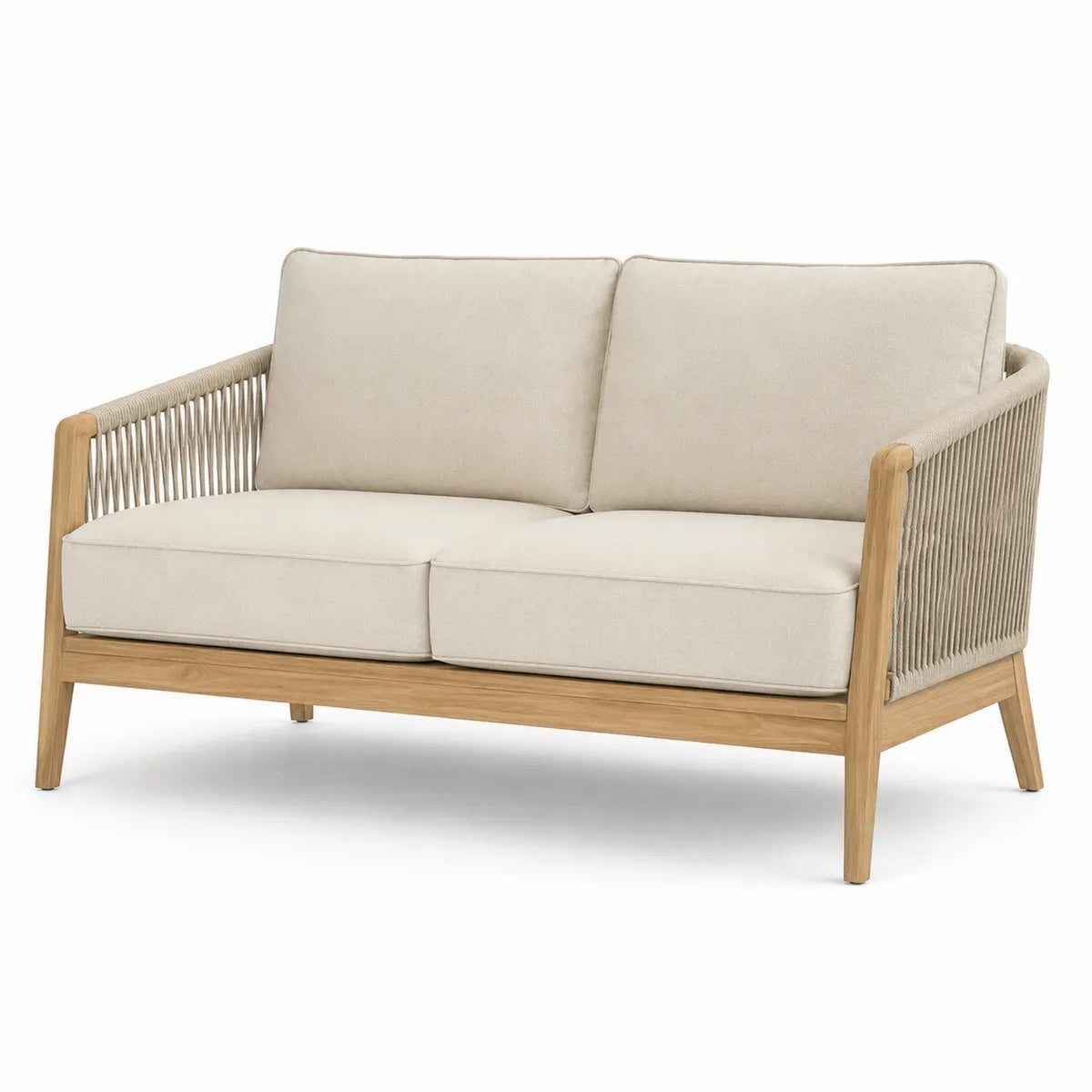 Sofa ogrodowa dwuosobowa drewno tekowe, poliester, sznurek, 150x80x75 cm