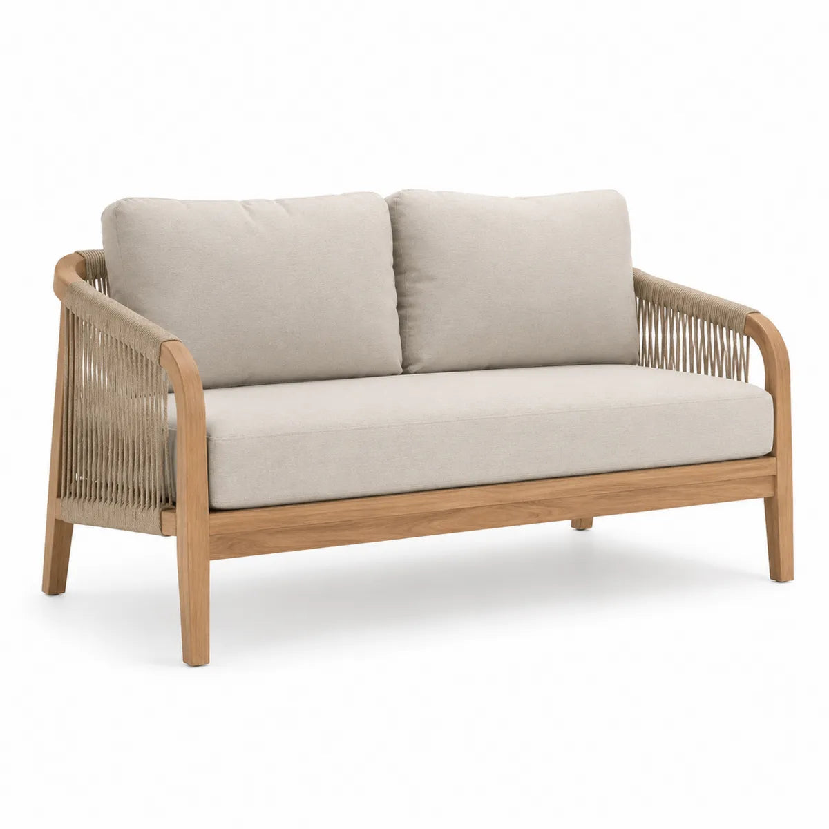 Dwuosobowa sofa tekowa z beżowymi poduszkami