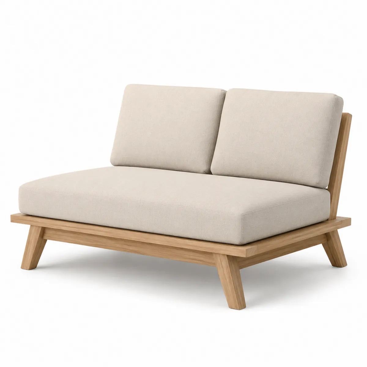 Sofa dwuosobowa kremowa z poduszkami z drewna tekowego