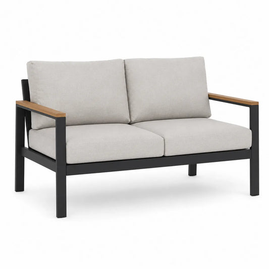 Dwuosobowa sofa metalowa z drewnianymi podłokietnikami i beżową tkaniną