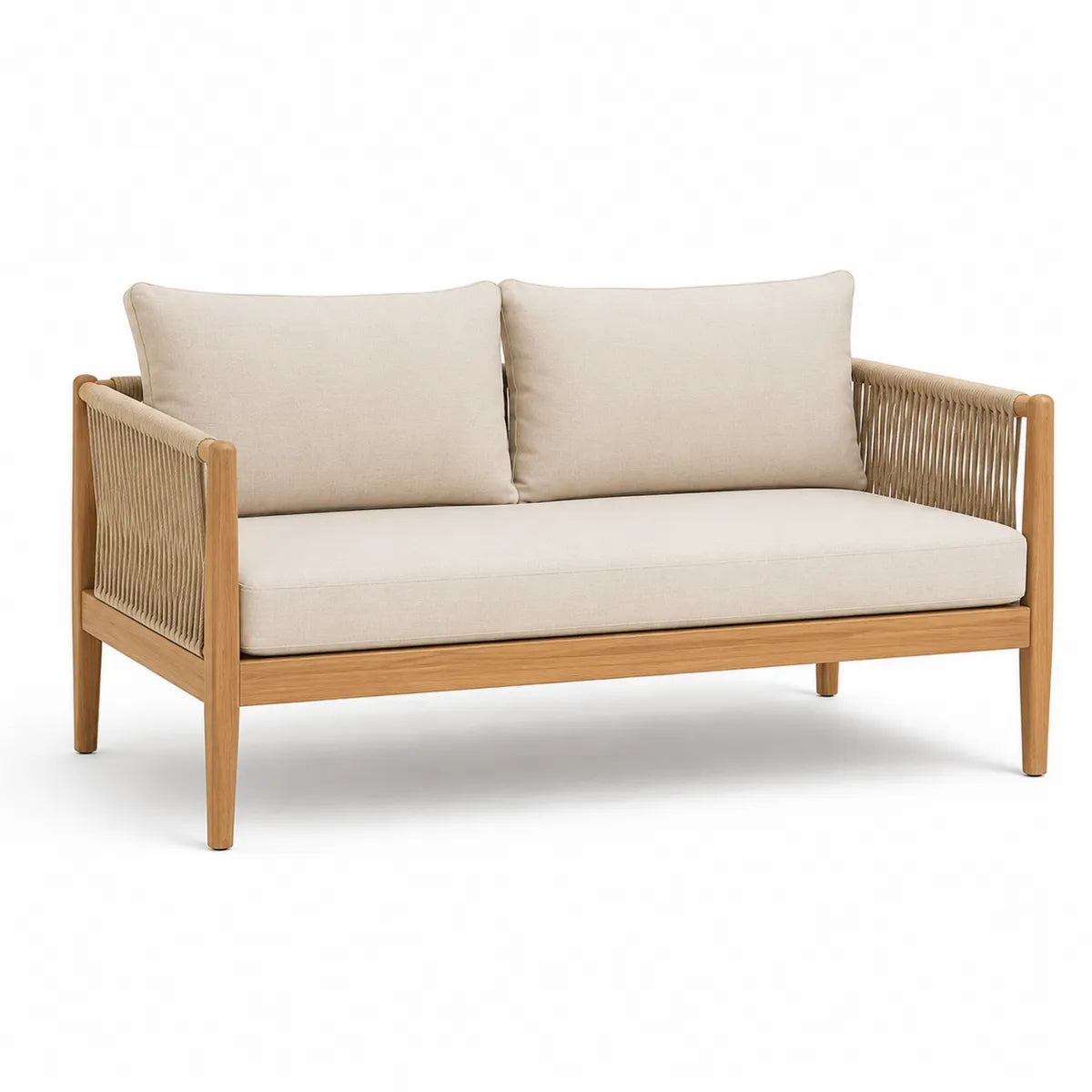 Sofa drewniana z beżowym pokryciem i linowym splotem 150 cm