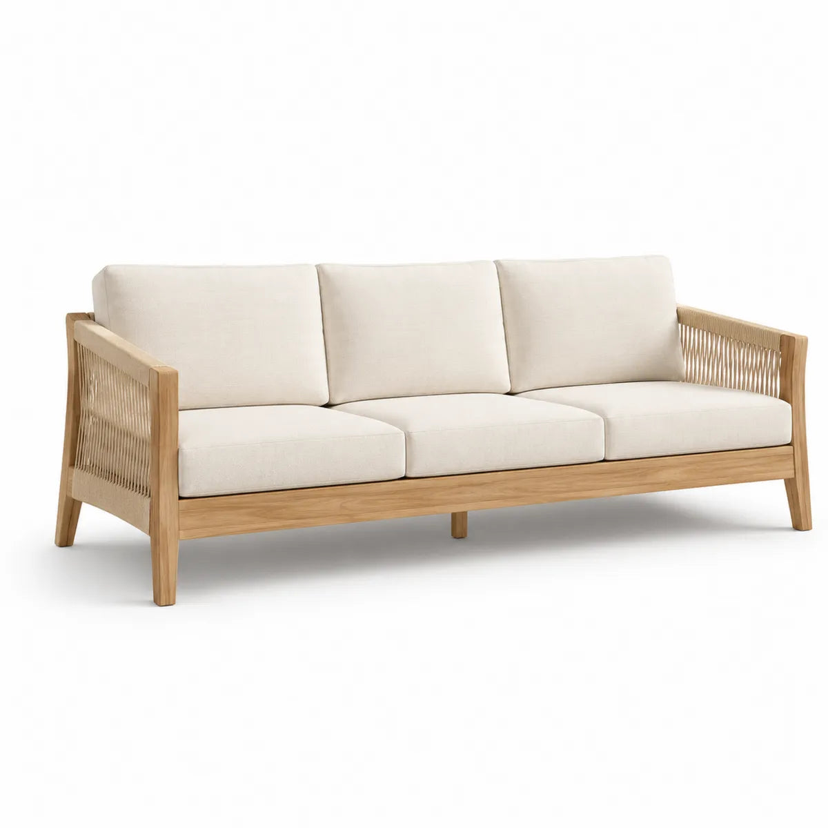 Kanapa 3-osobowa kremowa z drewna teak i liny 210 cm