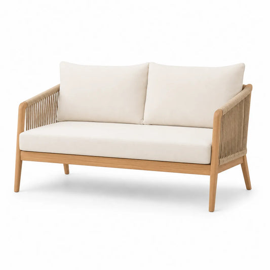 Dwuosobowa sofa ogrodowa teakowa beżowa z poduszkami