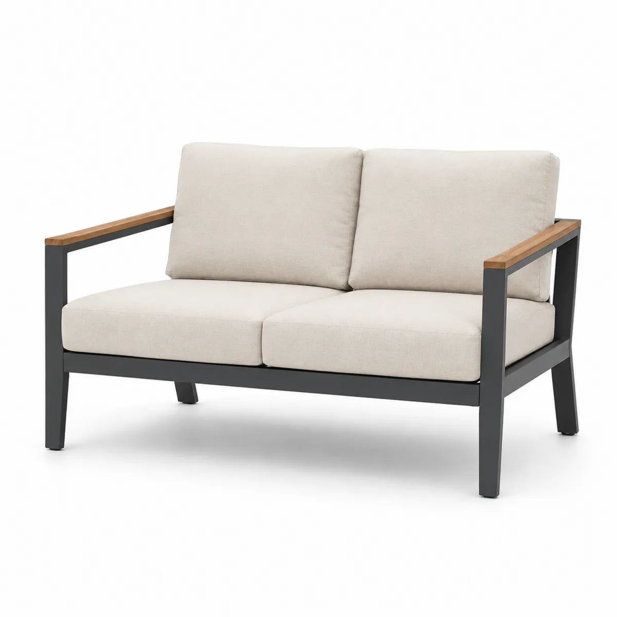 Dwuosobowa sofa metalowo-drewniana z kremowego poliestru 130x75x80 cm
