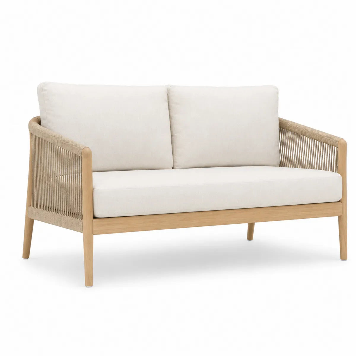 Sofa dwuosobowa beżowa z drewna tekowego i linowego wykończenia