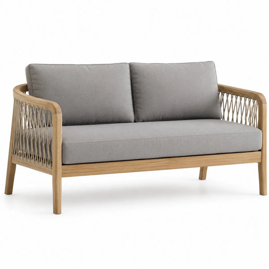 Szara dwuosobowa sofa ogrodowa z drewna teakowego i poliestru